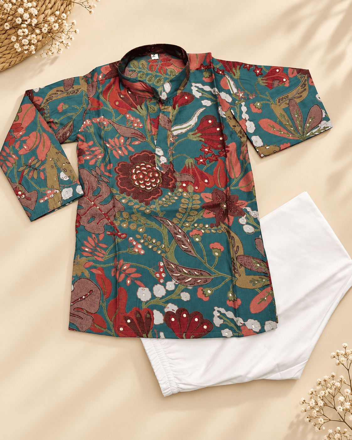 Boys Teal Floral Printed Kurta Pajama Set – Kids Ethnic Wear for Wedding & Festivals