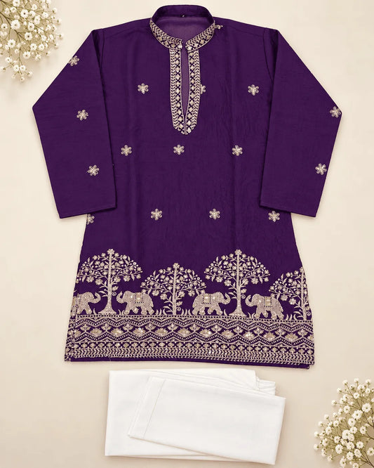 Boys Royal Purple Crush Silk Embroidered Kurta Pajama Set | Elephant Border Festive Ethnic Wear for Kids