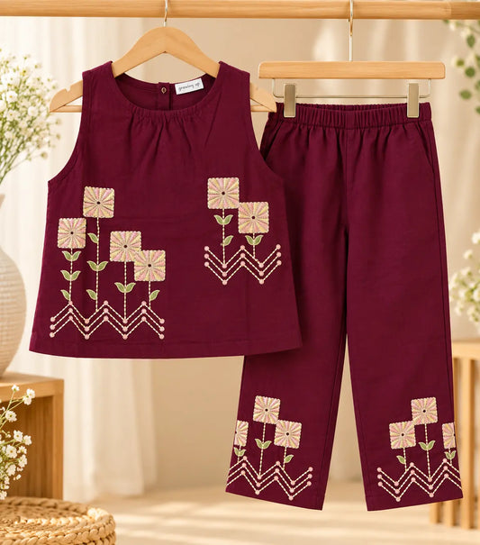 Girls Burgundy Embroidered Top & Pant Set | 2-Piece Festive Wear for Kids