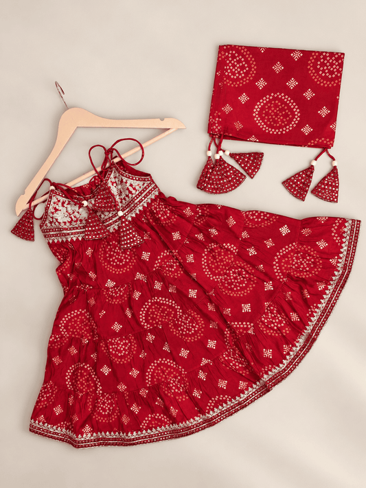 Girls Red Bandhani Embroidered Kurta, Pajama & Dupatta 3-Piece Set | Kids Festive Ethnic Wear