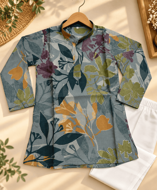 Boys Grey Floral Printed Kurta Pajama Set – Kids Ethnic Wear for Weddings & Festivals
