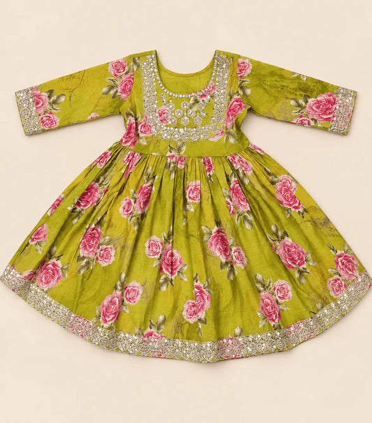 Girls Olive Green Floral Anarkali Set with Palazzo & Dupatta | 3-Piece Kids Ethnic Wear for Diwali, Wedding & Festive Wear