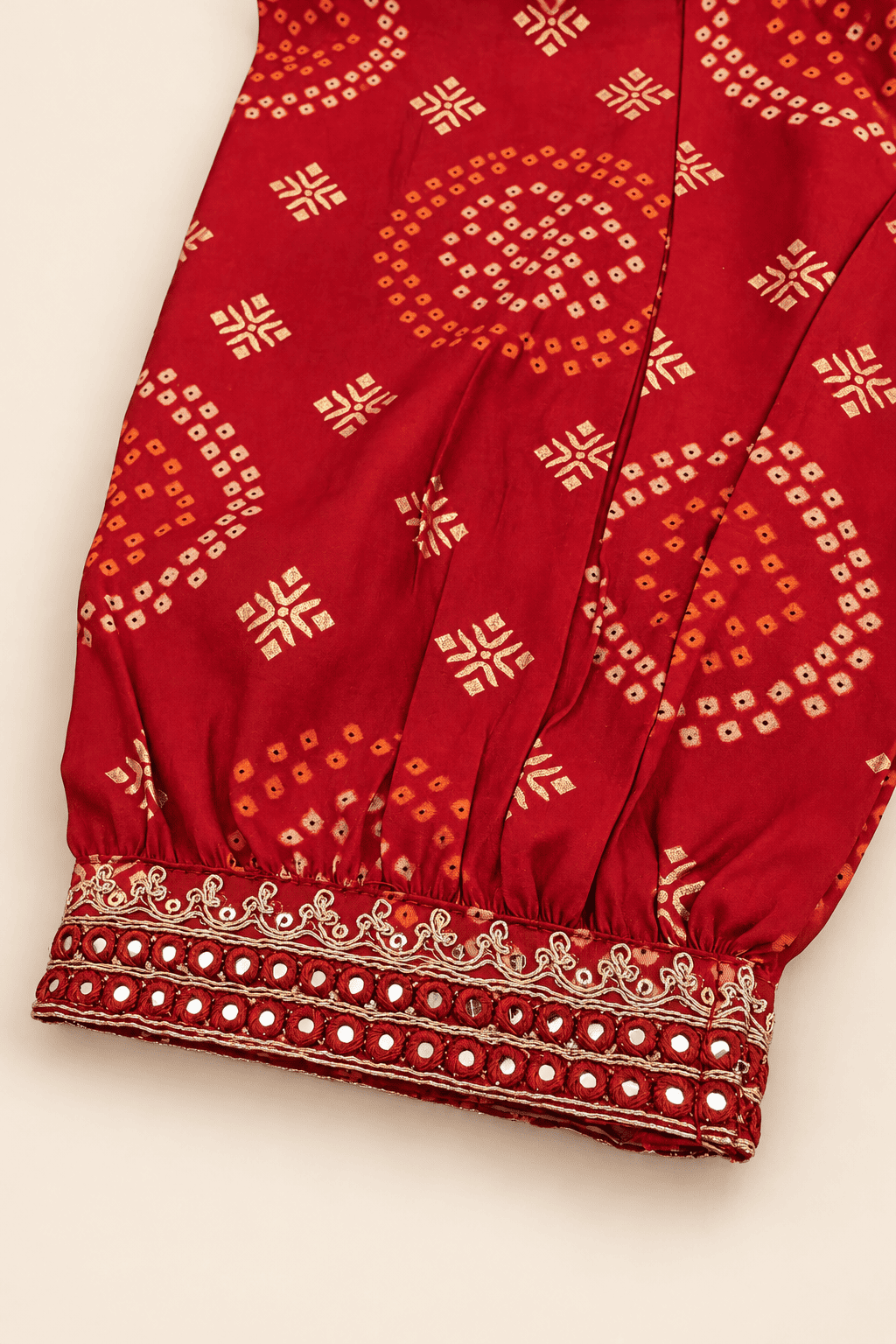 Girls Red Bandhani Embroidered Kurta, Pajama & Dupatta 3-Piece Set | Kids Festive Ethnic Wear