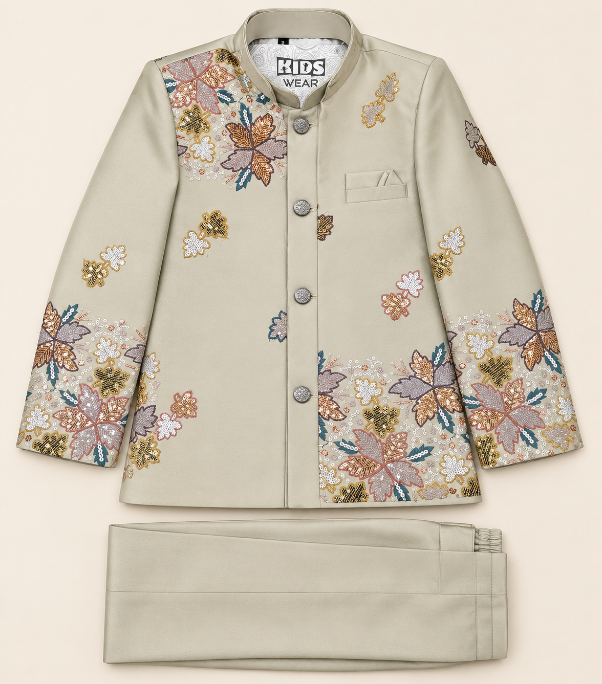 Boys Beige Floral Sherwani Set with Matching Pants | Kids Festive & Wedding Wear