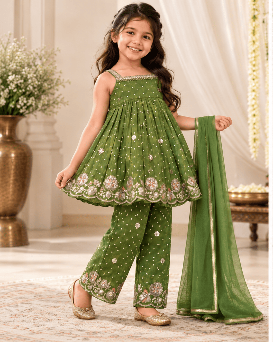 Girls Olive Green Tissue Silk Kurti Pant Set