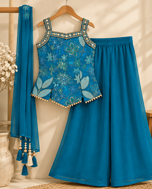 Girls Turquoise Blue Soft Silk Embroidered Sharara Set
