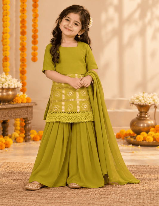 Girls Mustard Green Bandhani Sharara Set with Dupatta & Blouse | 4-Piece Kids Ethnic Wear for Diwali, Wedding & Festive Wear