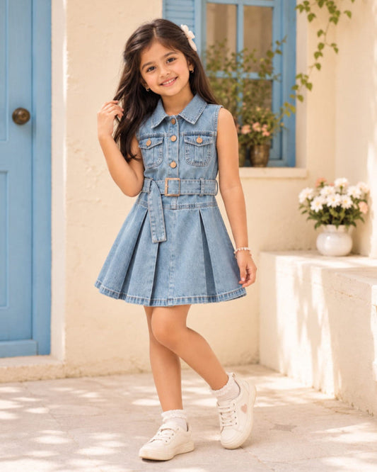 Sleeveless Belted Denim Pleated Dress