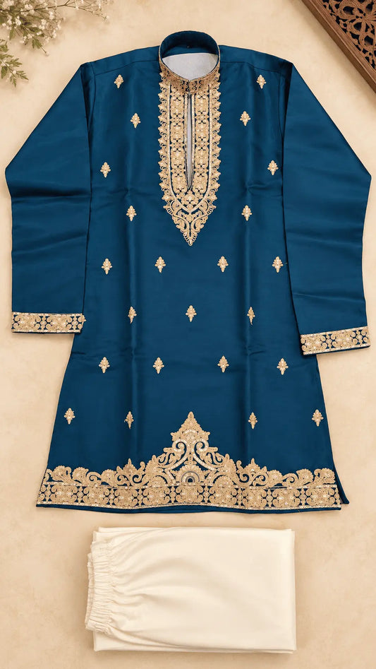 Boys Teal Blue Banarasi Silk Embroidered Kurta Pajama Set | Kids Ethnic Wedding & Festive Wear