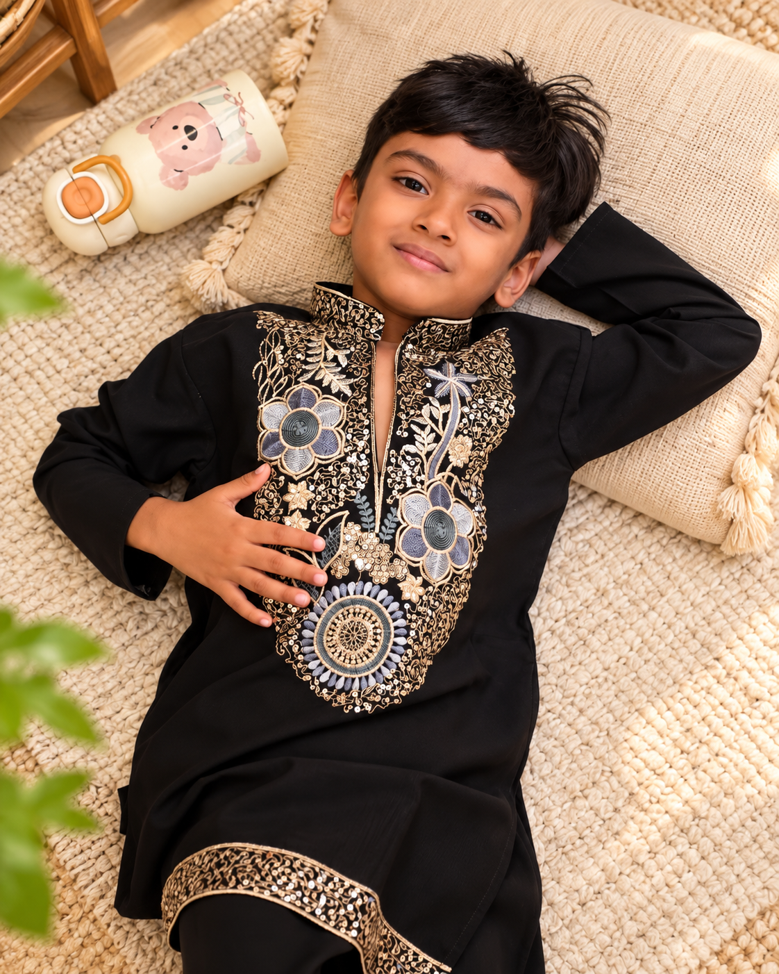 Midnight Bloom Black Embroidered Kurta Pajama Set for Boys