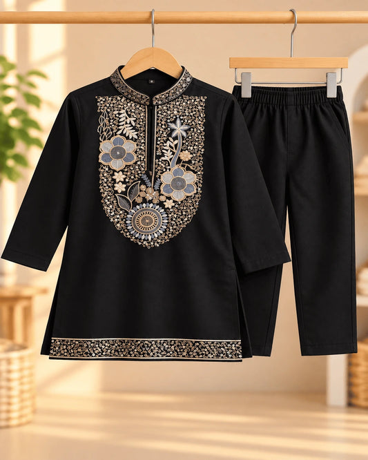 Midnight Bloom Black Embroidered Kurta Pajama Set for Boys