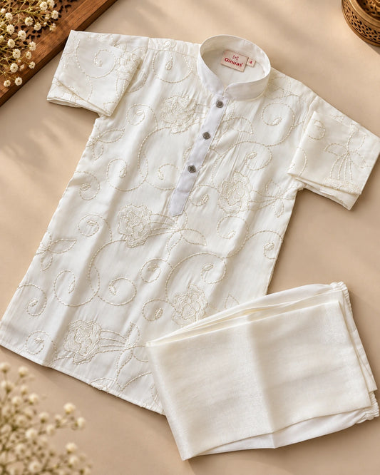 Ivory Noor Floral Embroidered Kurta Pajama Set for Boys