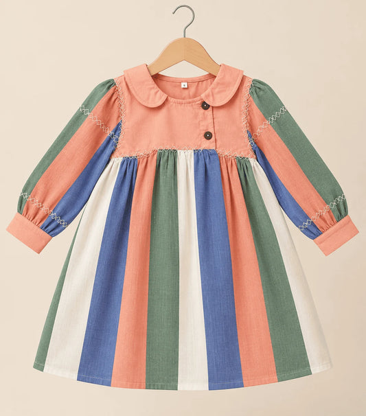 Girls Multicolor Striped Cotton Dress | Full Sleeve Casual Frock with Peter Pan Collar
