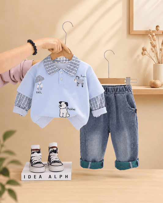 Polo Collar Sweatshirt And Relaxed Denim Jeans Set Mizzy - Kids Essentials Boys D2btdf An