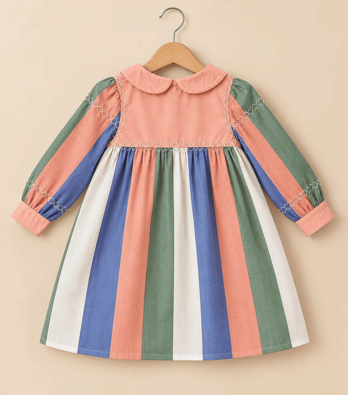 Girls Multicolor Striped Cotton Dress | Full Sleeve Casual Frock with Peter Pan Collar