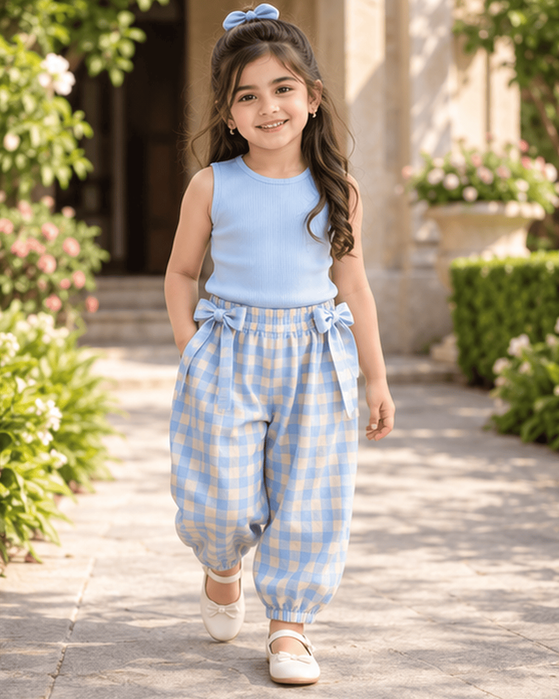 Plaid Top And Bow Pants Three-Piece Set