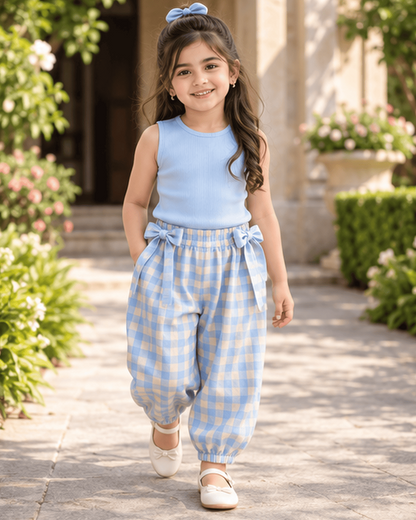 Plaid Top And Bow Pants Three-Piece Set