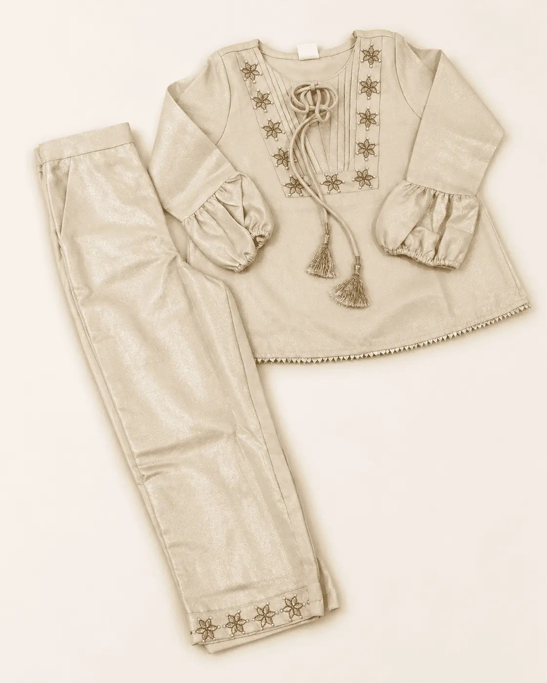 Girls Champagne Gold Tissue Co-ord Set with Embroidered Top & Pants | Kids Festive Ethnic Wear