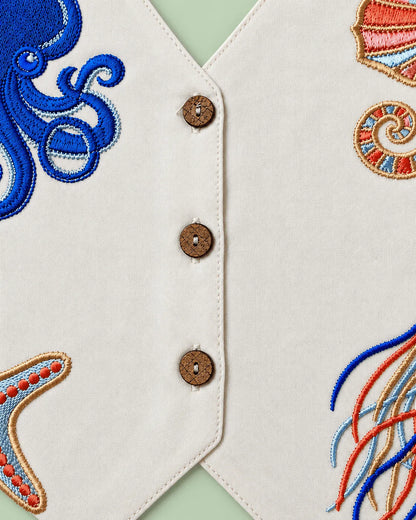 Girls Ivory Sea Life Embroidered Co-Ord Set | Viscose Rayon Sleeveless Top & Wide Leg Pants