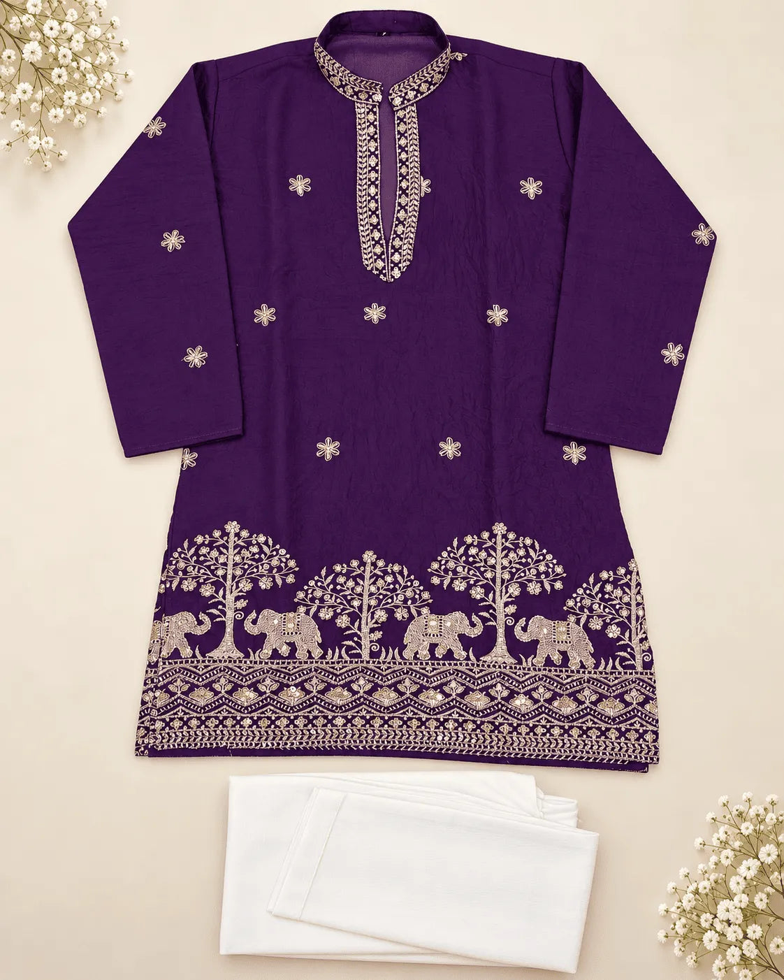 Boys Royal Purple Crush Silk Embroidered Kurta Pajama Set | Elephant Border Festive Ethnic Wear for Kids