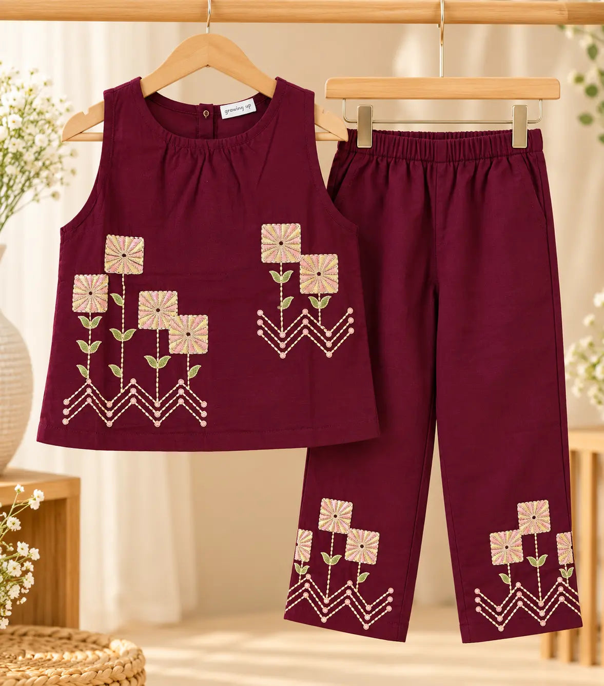 Girls Burgundy Embroidered Top & Pant Set | 2-Piece Festive Wear for Kids