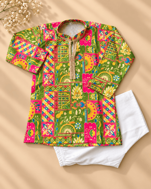 Boys Green Printed Kurta Pajama Set – Kids Ethnic Wear for Weddings, Festivals & Traditional Functions