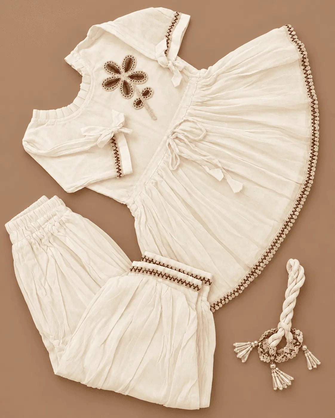 Girls Ivory Floral Embroidered Kurti, Dhoti Pants & Dupatta 3-Piece Set | Kids Ethnic Wear