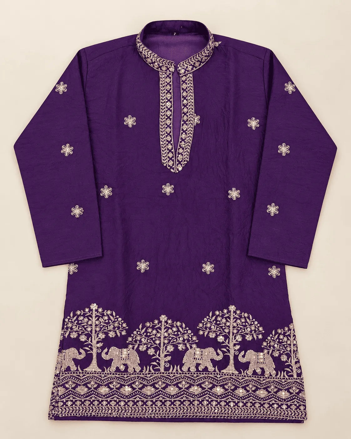 Boys Royal Purple Crush Silk Embroidered Kurta Pajama Set | Elephant Border Festive Ethnic Wear for Kids