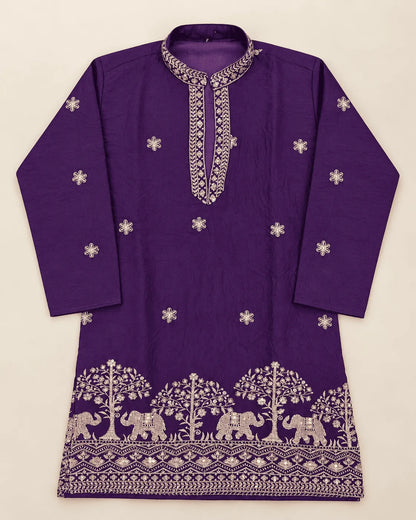 Boys Royal Purple Crush Silk Embroidered Kurta Pajama Set | Elephant Border Festive Ethnic Wear for Kids