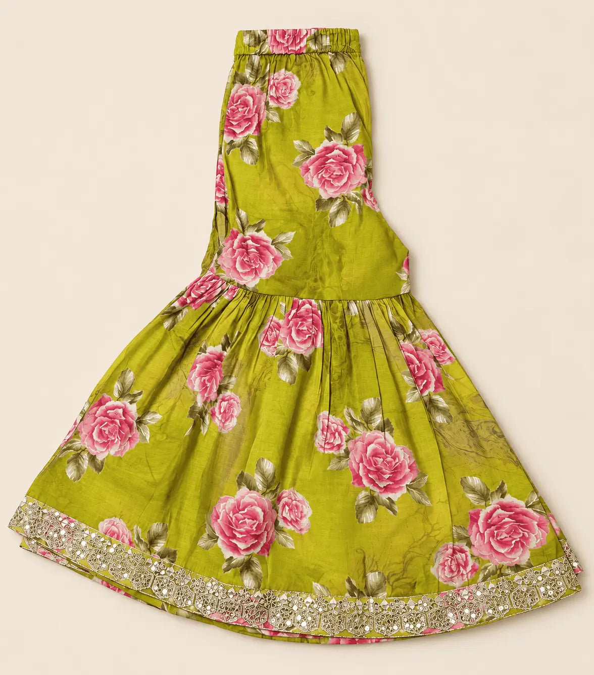Girls Olive Green Floral Anarkali Set with Palazzo & Dupatta | 3-Piece Kids Ethnic Wear for Diwali, Wedding & Festive Wear