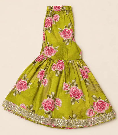 Girls Olive Green Floral Anarkali Set with Palazzo & Dupatta | 3-Piece Kids Ethnic Wear for Diwali, Wedding & Festive Wear