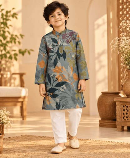 Boys Grey Floral Printed Kurta Pajama Set – Kids Ethnic Wear for Weddings & Festivals