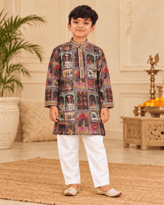 Boys Heritage Printed Kurta Pajama Set – Kids Ethnic Wear for Wedding & Festivals