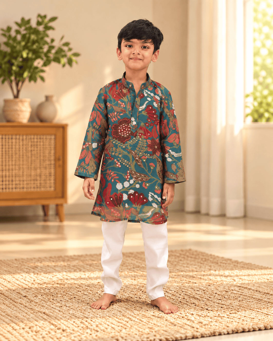Boys Teal Floral Printed Kurta Pajama Set – Kids Ethnic Wear for Wedding & Festivals