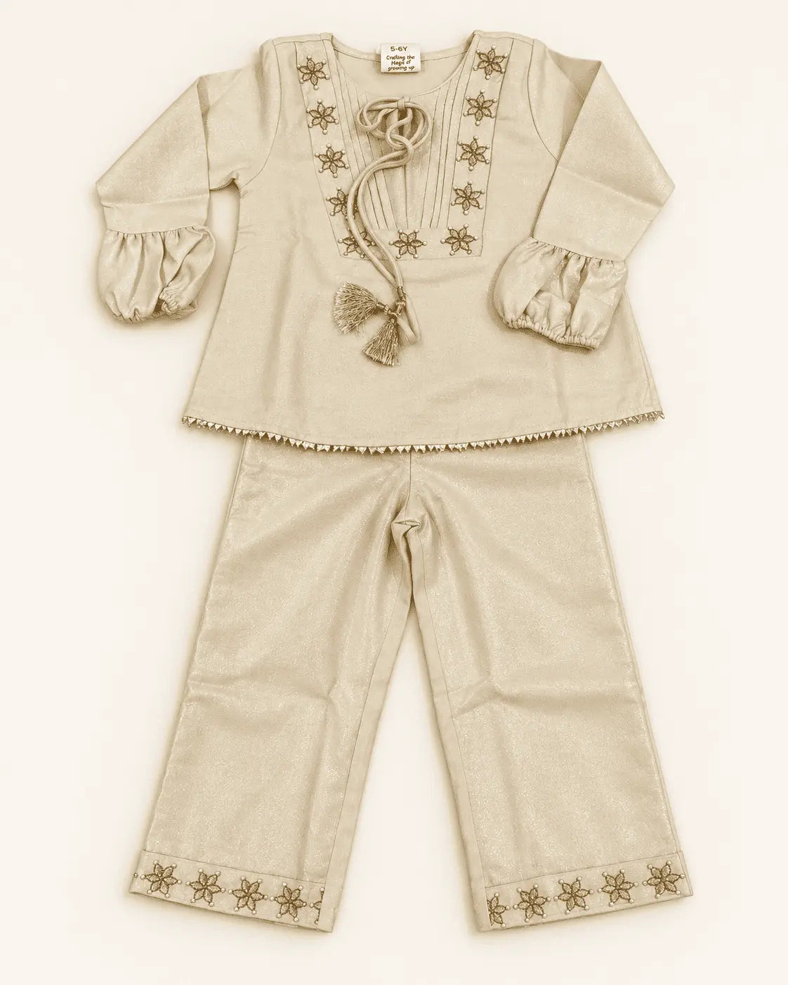 Girls Champagne Gold Tissue Co-ord Set with Embroidered Top & Pants | Kids Festive Ethnic Wear