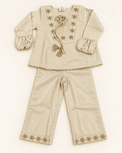 Girls Champagne Gold Tissue Co-ord Set with Embroidered Top & Pants | Kids Festive Ethnic Wear