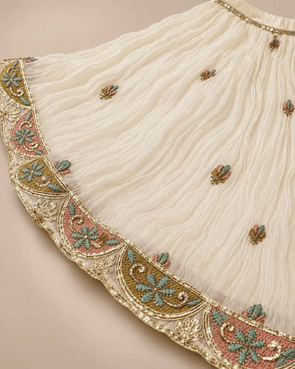 Girls Ivory Floral Embroidered Sharara Set with Dupatta | 3-Piece Kids Ethnic Wear for Wedding, Diwali & Festive Wear
