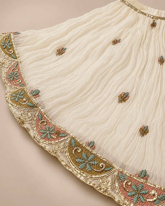 Girls Ivory Floral Embroidered Sharara Set with Dupatta | 3-Piece Kids Ethnic Wear for Wedding, Diwali & Festive Wear