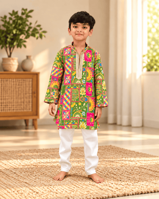 Boys Green Printed Kurta Pajama Set – Kids Ethnic Wear for Weddings, Festivals & Traditional Functions
