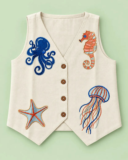 Girls Ivory Sea Life Embroidered Co-Ord Set | Viscose Rayon Sleeveless Top & Wide Leg Pants