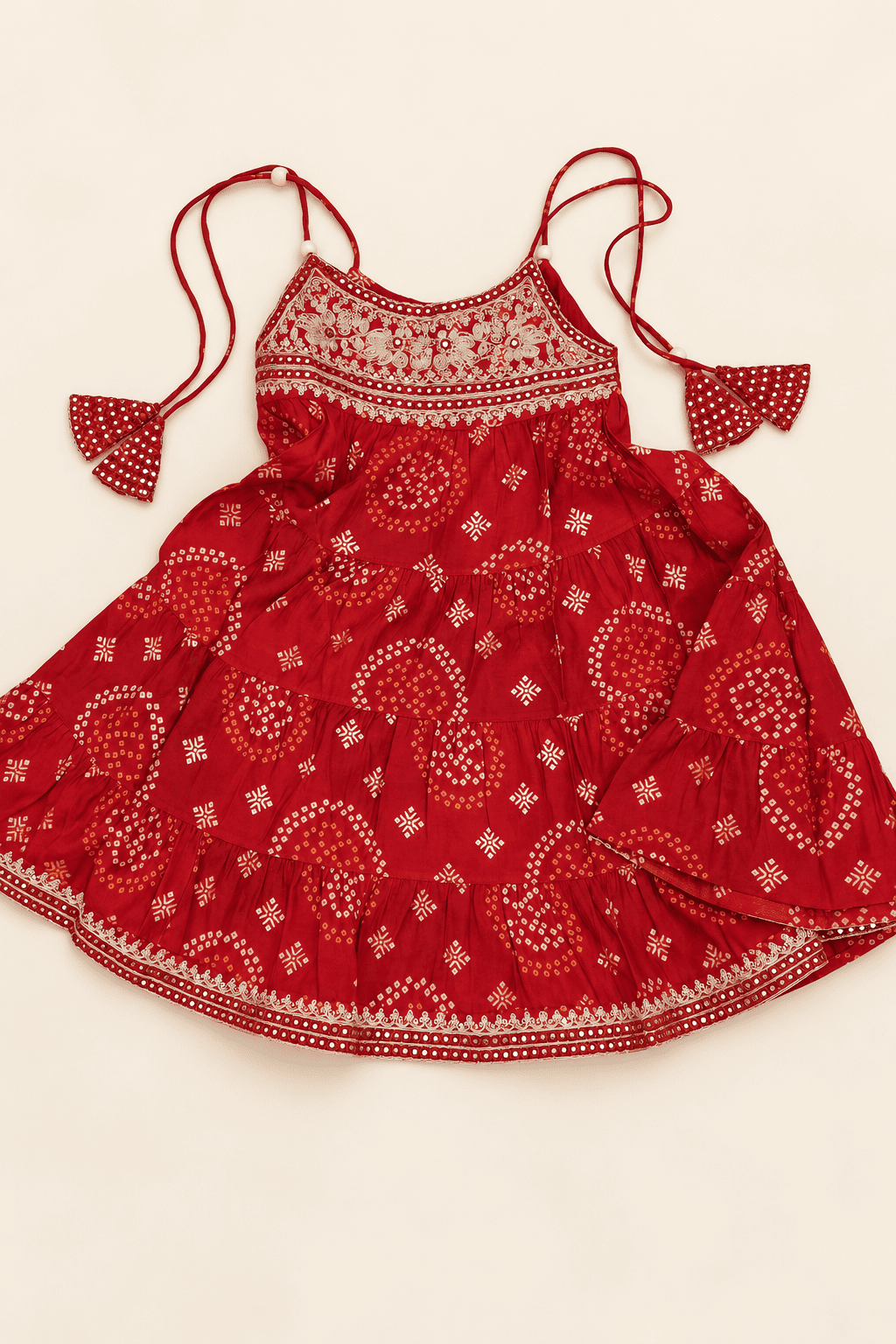Girls Red Bandhani Embroidered Kurta, Pajama & Dupatta 3-Piece Set | Kids Festive Ethnic Wear