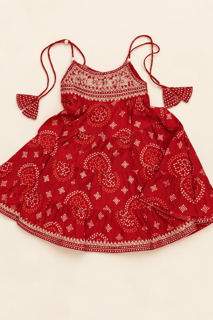 Girls Red Bandhani Embroidered Kurta, Pajama & Dupatta 3-Piece Set | Kids Festive Ethnic Wear