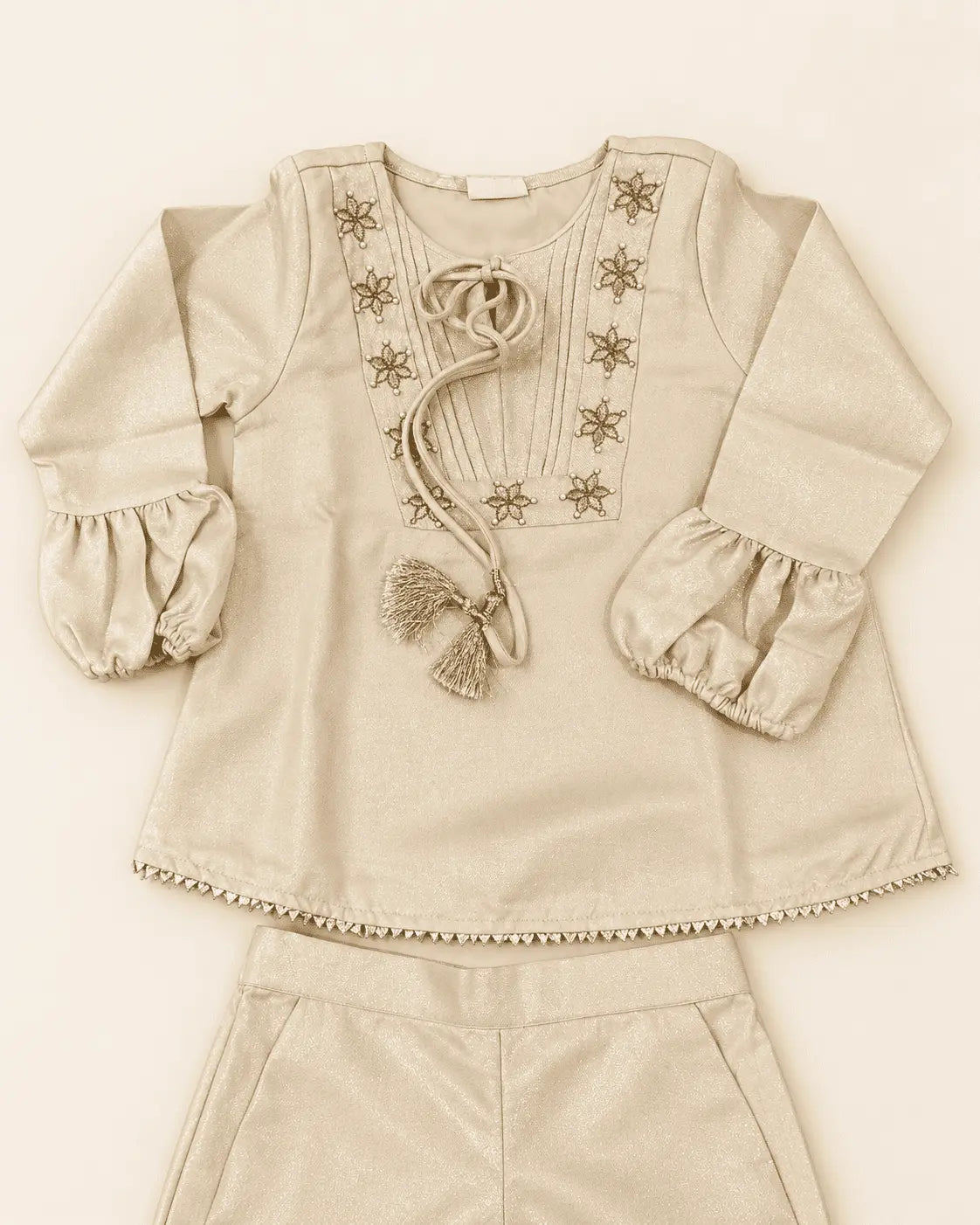 Girls Champagne Gold Tissue Co-ord Set with Embroidered Top & Pants | Kids Festive Ethnic Wear