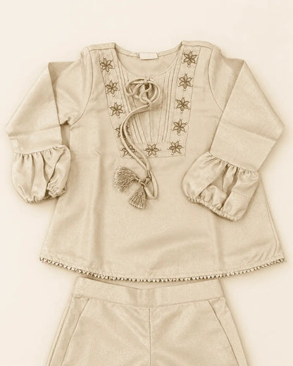 Girls Champagne Gold Tissue Co-ord Set with Embroidered Top & Pants | Kids Festive Ethnic Wear