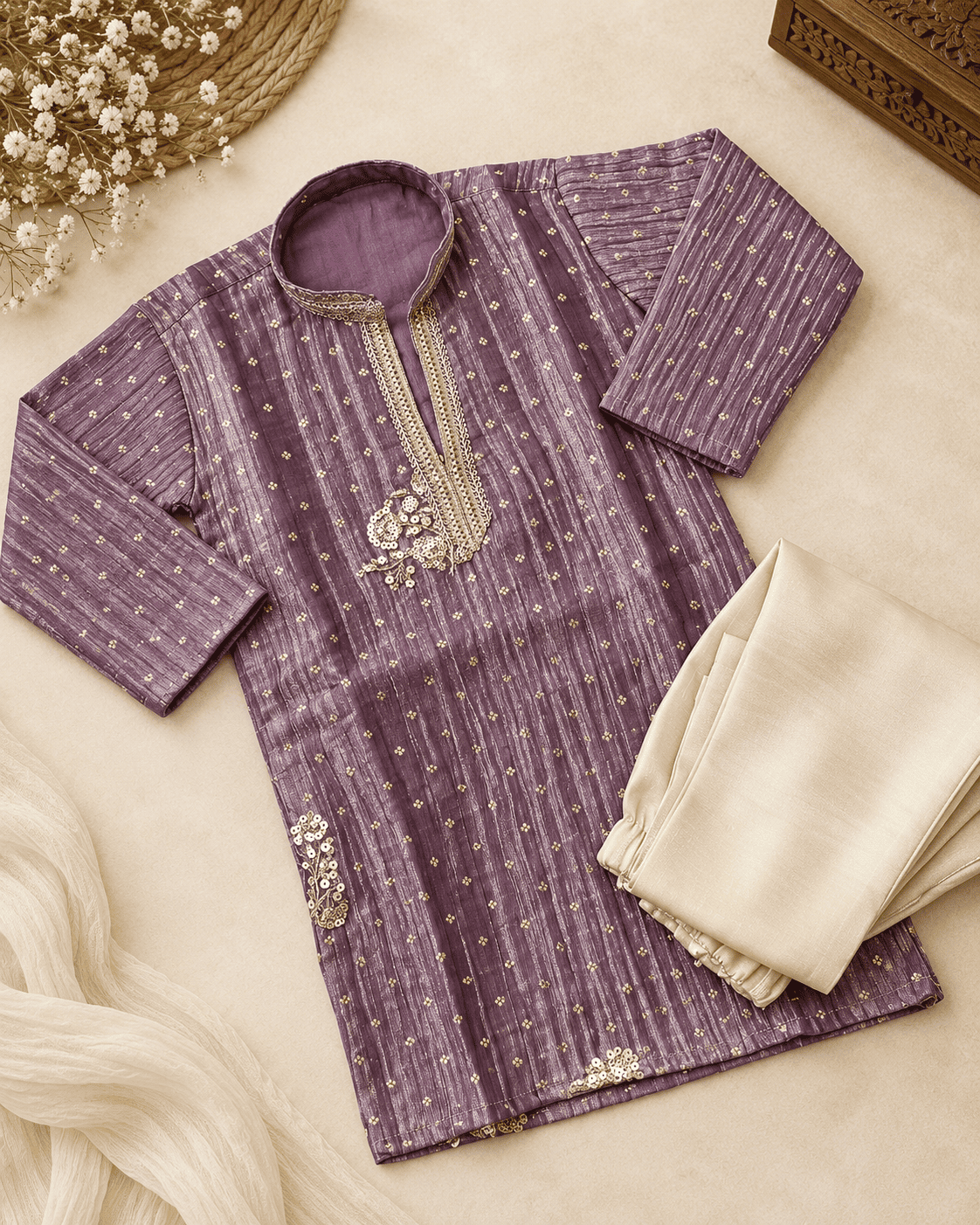 Boys Orange Embroidered Kurta Pajama Set – Kids Ethnic Wear for Wedding & Festivals