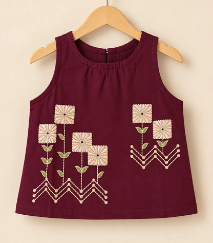 Girls Burgundy Embroidered Top & Pant Set | 2-Piece Festive Wear for Kids