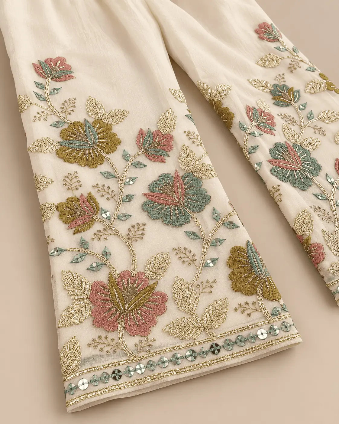 Girls Ivory Floral Embroidered Sharara Set with Dupatta | 3-Piece Kids Ethnic Wear for Wedding, Diwali & Festive Wear
