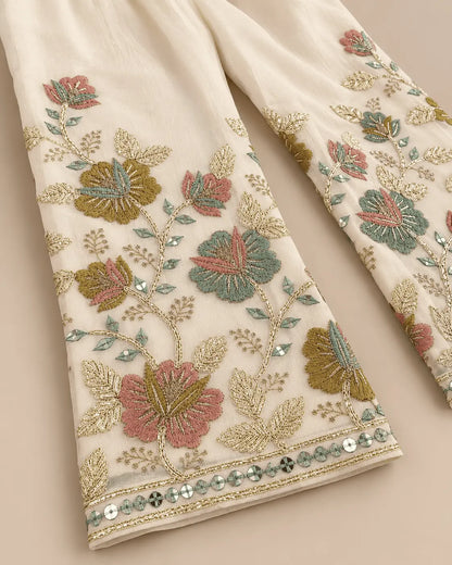 Girls Ivory Floral Embroidered Sharara Set with Dupatta | 3-Piece Kids Ethnic Wear for Wedding, Diwali & Festive Wear