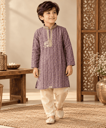 Boys Orange Embroidered Kurta Pajama Set – Kids Ethnic Wear for Wedding & Festivals