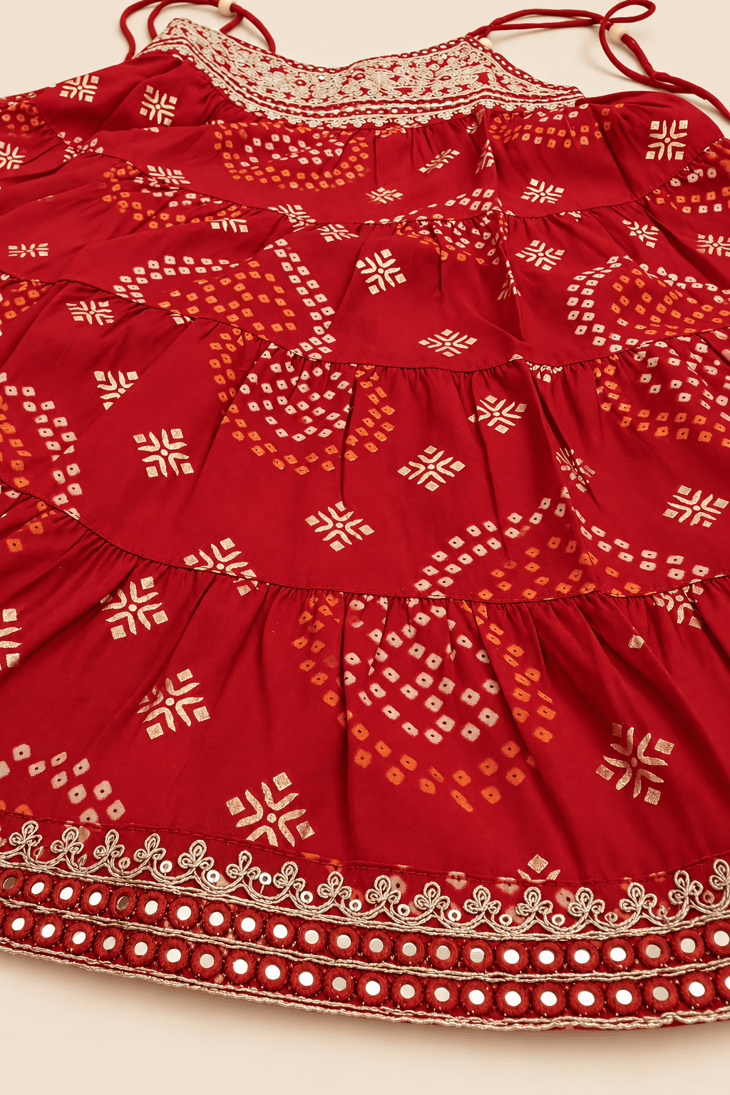 Girls Red Bandhani Embroidered Kurta, Pajama & Dupatta 3-Piece Set | Kids Festive Ethnic Wear